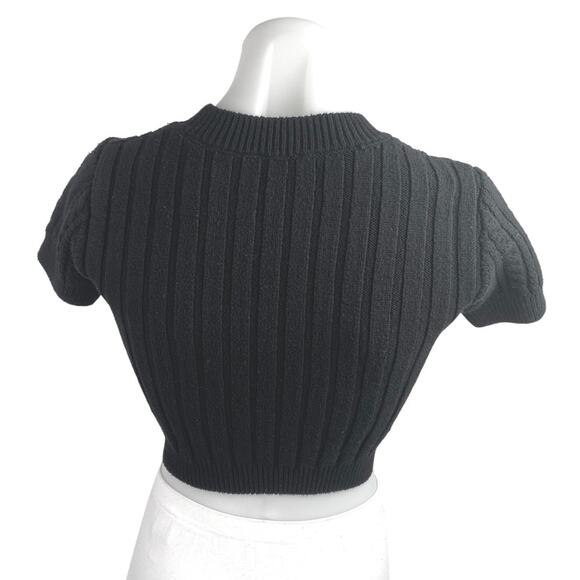 Free People Women's Black Cable Knit Short Sleeve Stretch Crop Sweater Top Sz S - Picture 2 of 4